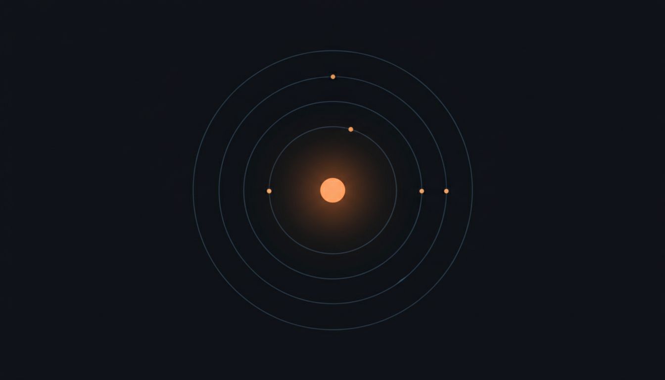 A single bright point at the center of concentric orbital rings, illustrating the concept of a core action that everything else orbits