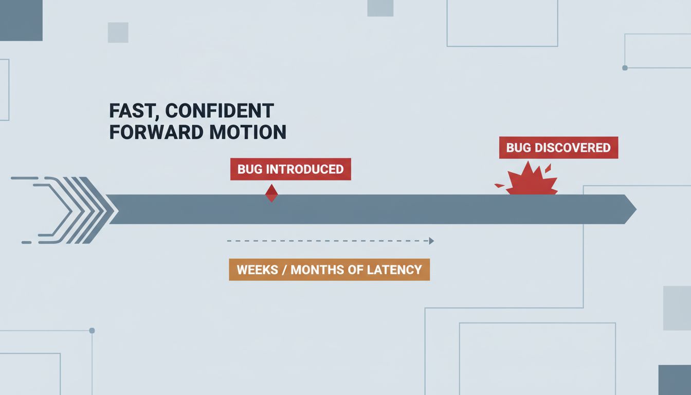 Timeline diagram showing the gap between when an async bug is introduced and when it is discovered
