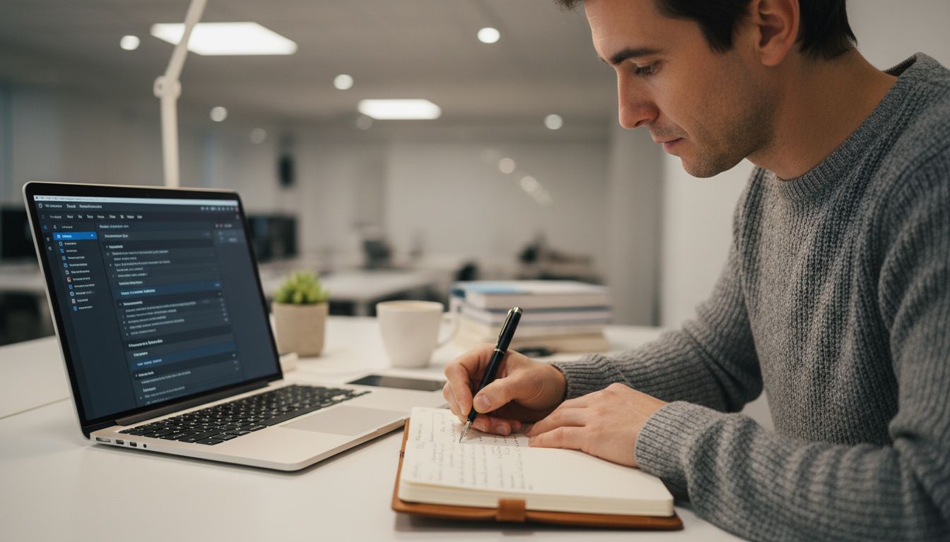 Developer at a clean desk writing technical documentation alongside a laptop