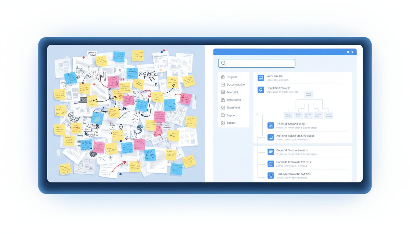 Comparison between disorganized sticky note knowledge management and clean digital documentation system