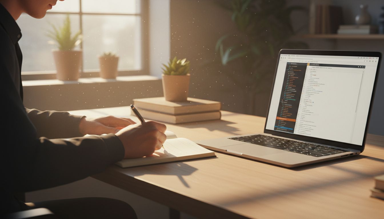 Developer writing documentation in a notebook next to a laptop showing clean code documentation