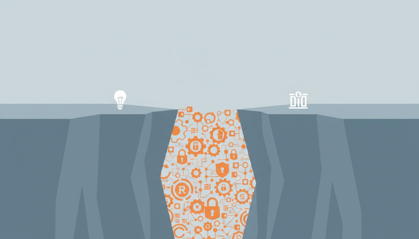 Diagram showing the execution complexity hidden in the gap between an obvious idea and a successful company