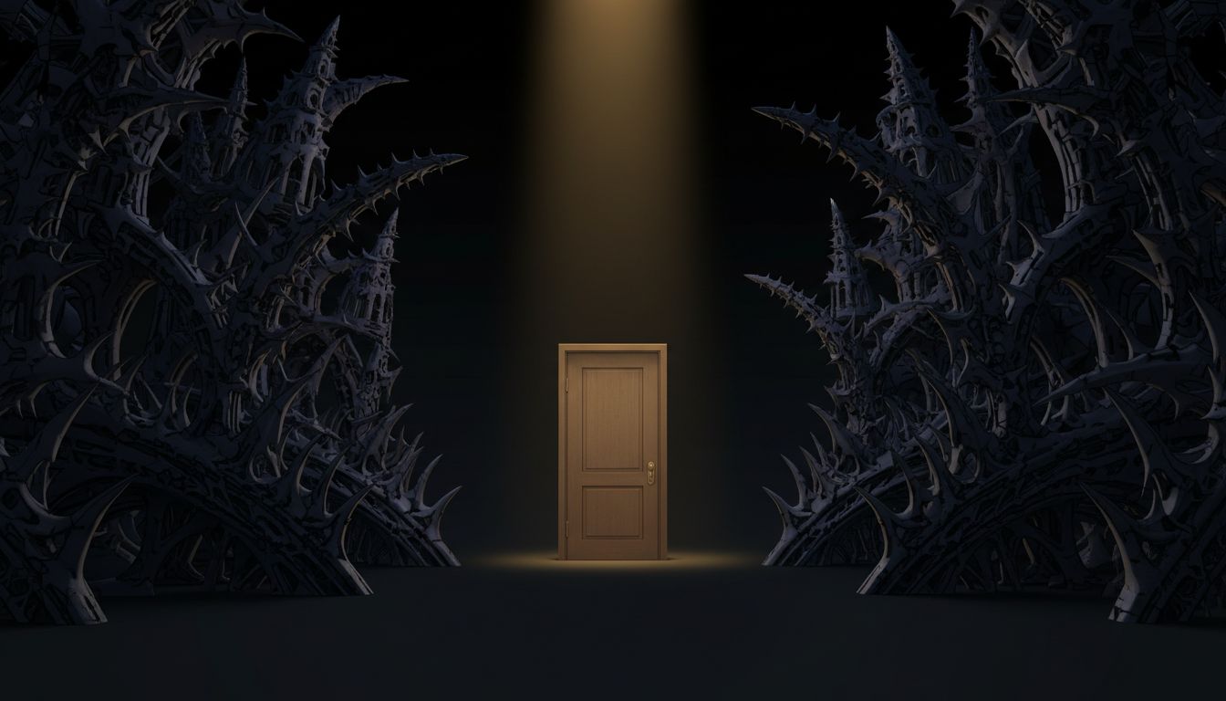 A simple door lit by a spotlight surrounded by dark, elaborate architectural complexity