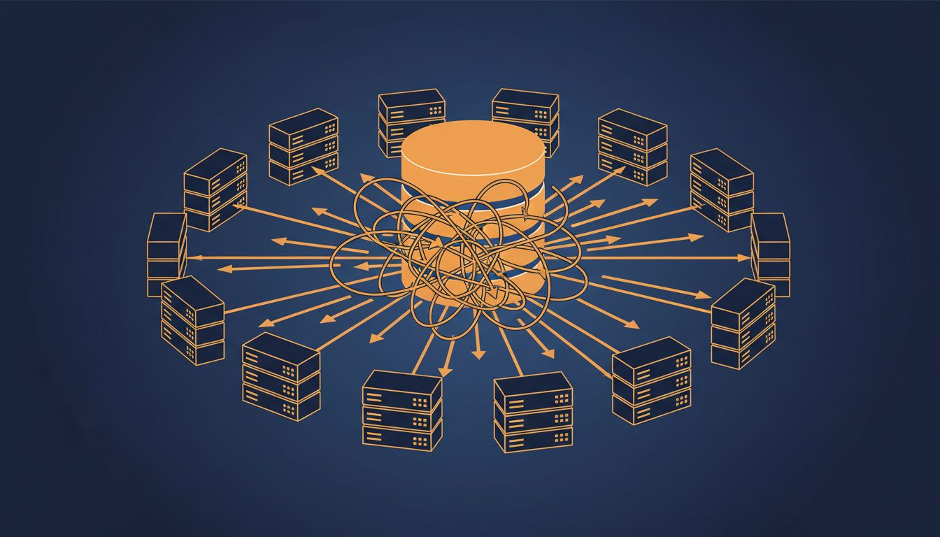 Diagram showing many server nodes simultaneously querying a single database, illustrating the thundering herd problem