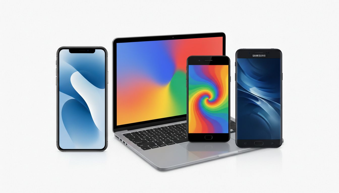 Various tech devices displaying their signature brand colors