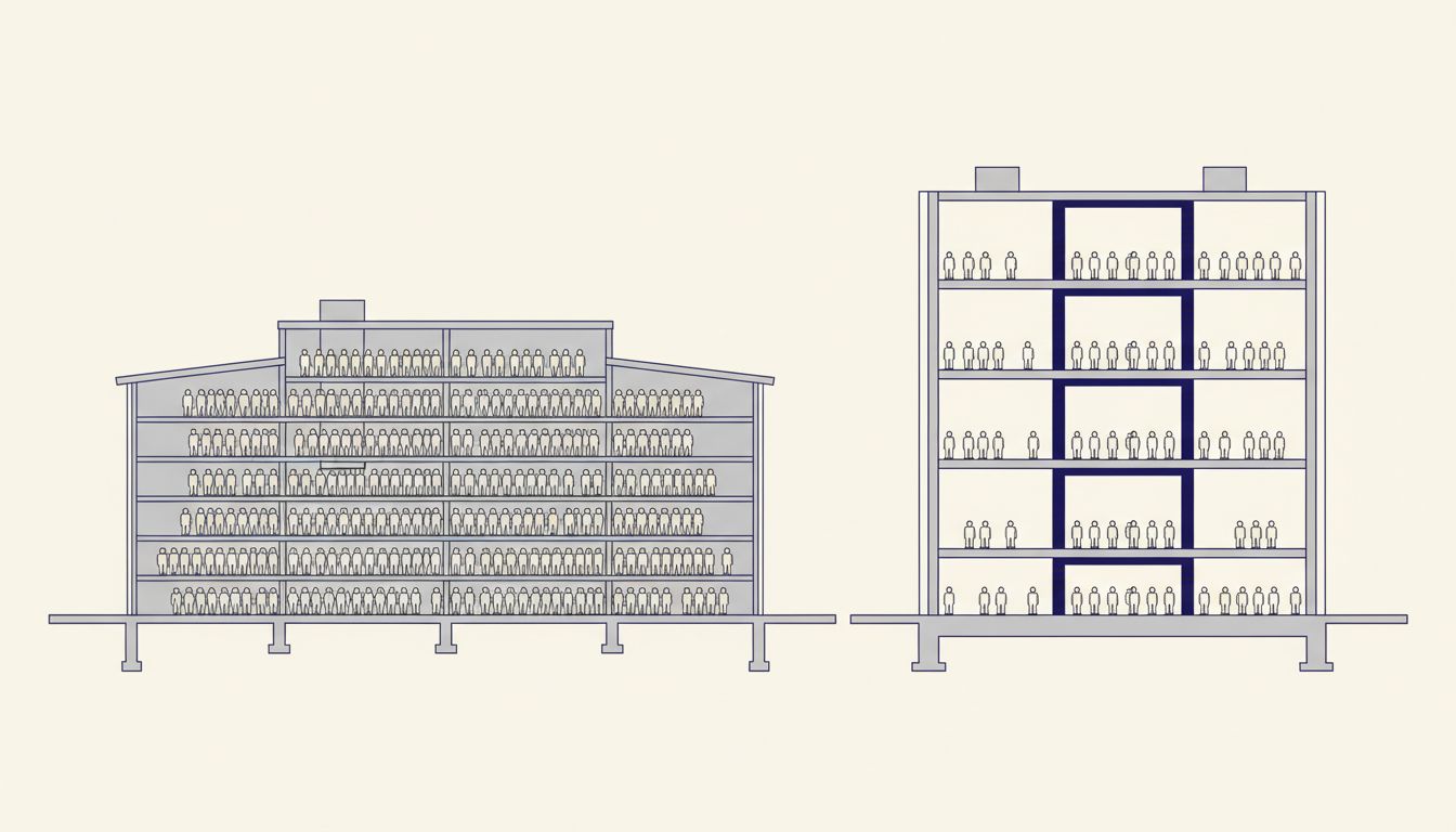 Architectural cross-section comparing a wide low building packed with small chaotic floors versus a narrow tall building with fewer, spacious, well-structured floors