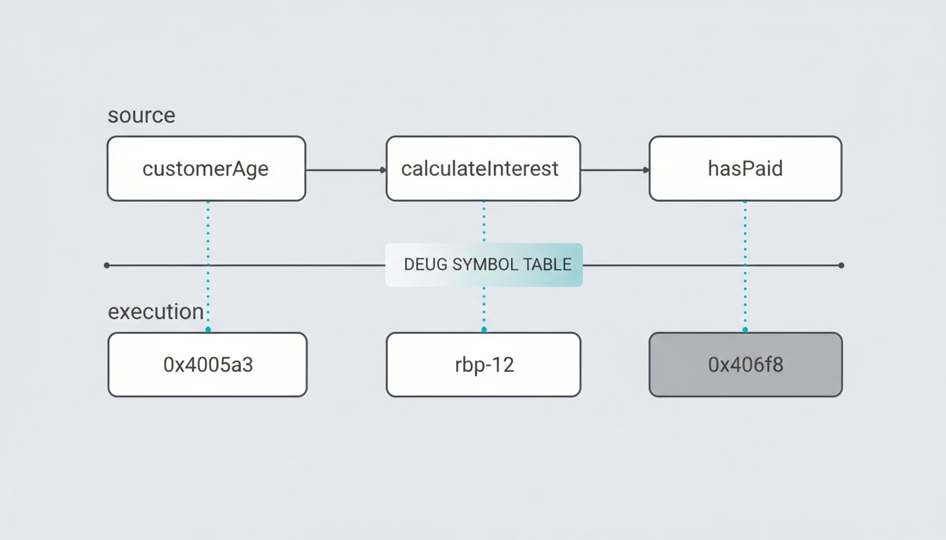 Diagram showing the mapping between named source code variables and their memory address equivalents at runtime, with debug symbols as the bridge