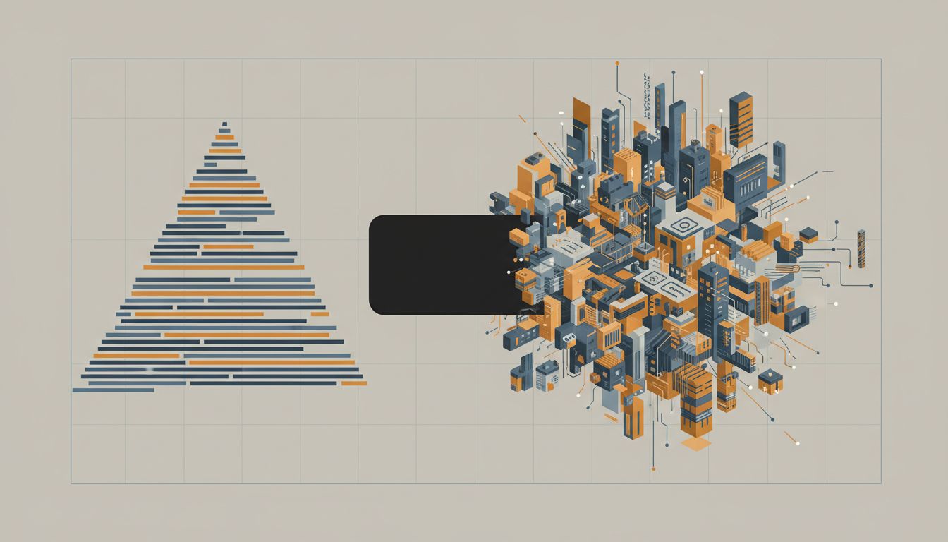 Abstract illustration showing source code transforming through a compiler into unrecognizable but equivalent machine output