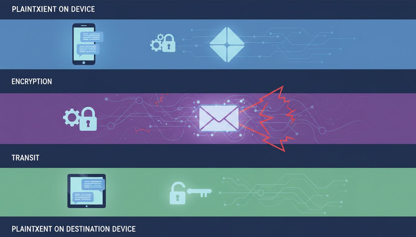 Diagram showing the stages a message passes through from plaintext on sender's device to plaintext on recipient's device, with encryption protecting the transit layer