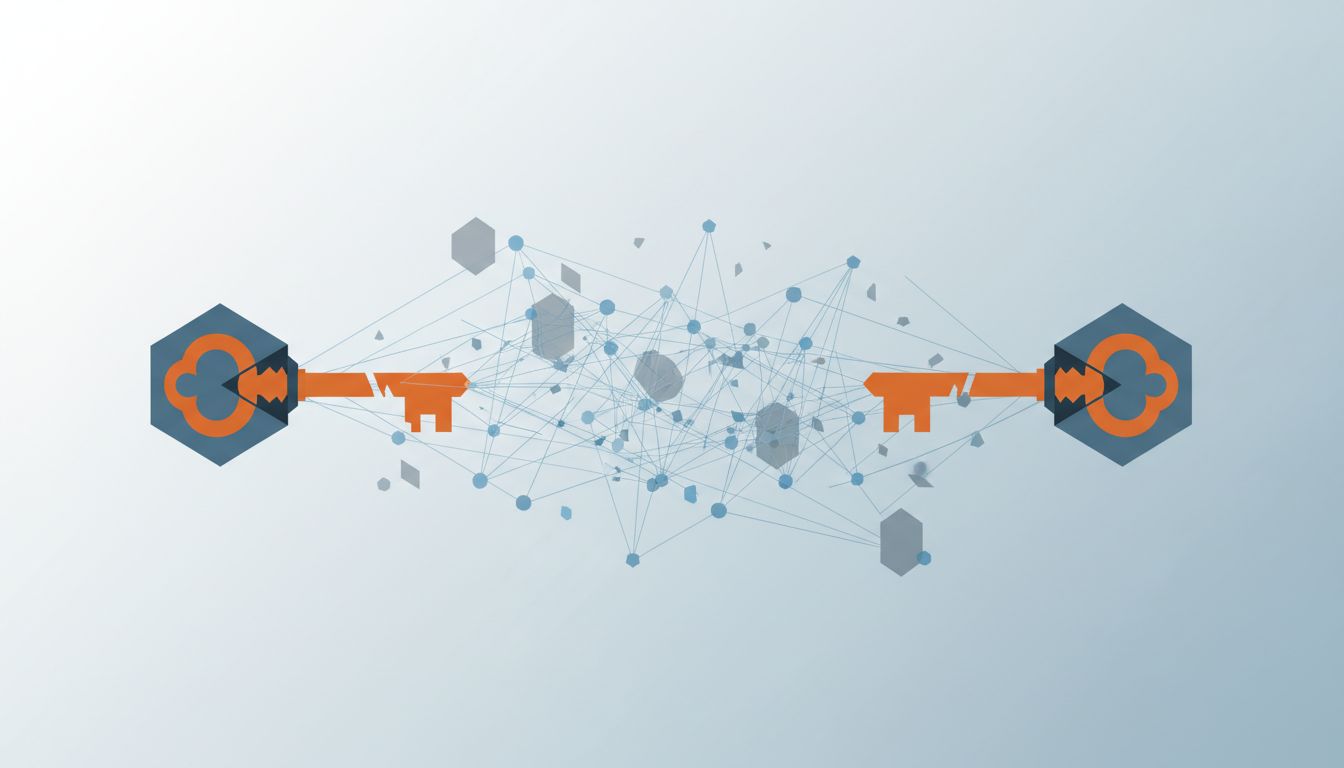 Abstract illustration of two parties completing a Diffie-Hellman key exchange while a network of observers sees only partial information