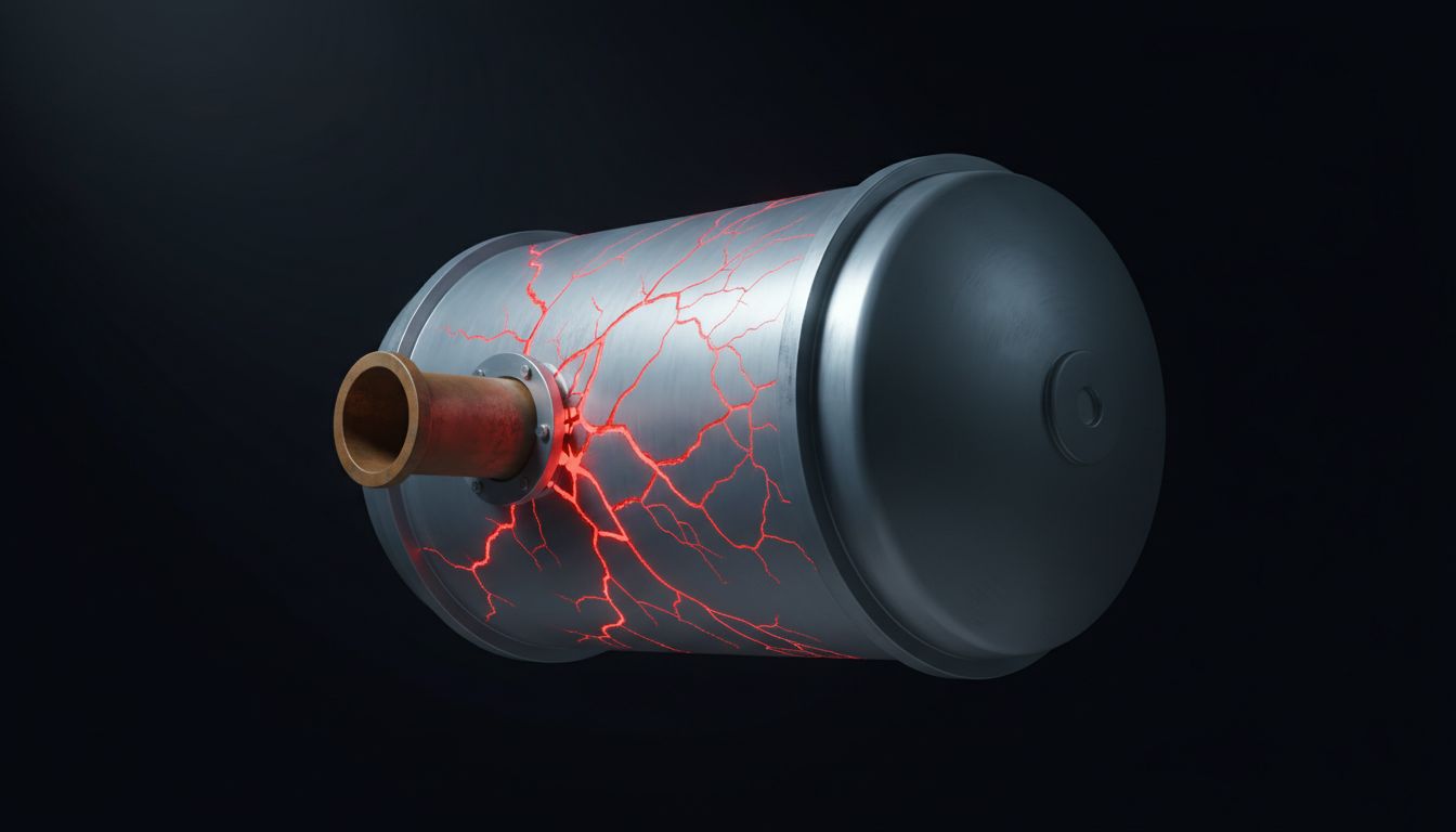 A pressure vessel with stress fractures spreading from an oversized pipe connection, illustrating infrastructure strain from mismatched customer demands