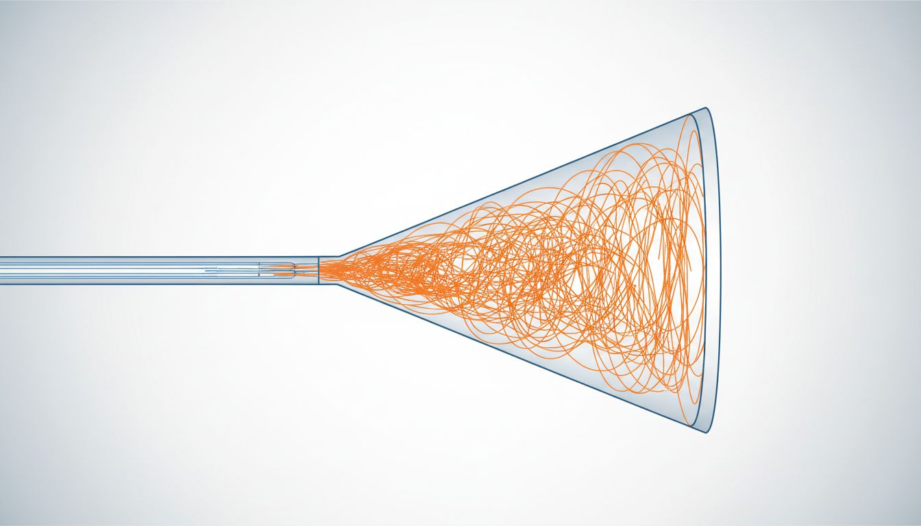 Diagram showing turbulent flow where a narrow pipe connects to a much wider one, representing infrastructure mismatches at scale