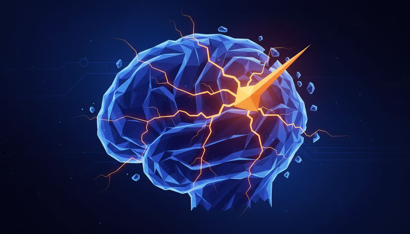 Abstract illustration of a focused cognitive structure being fractured by an external signal
