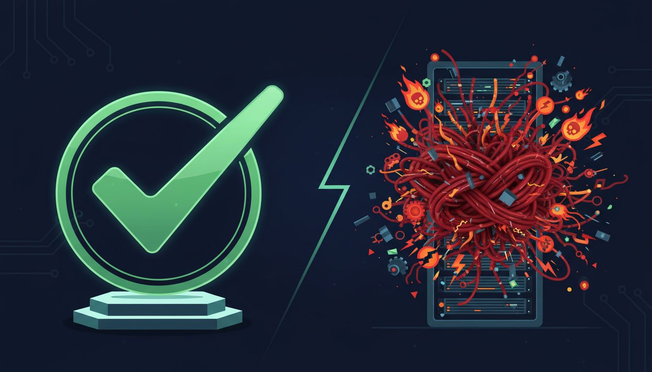 A green deployment success checkmark on the left, flames and errors on the right