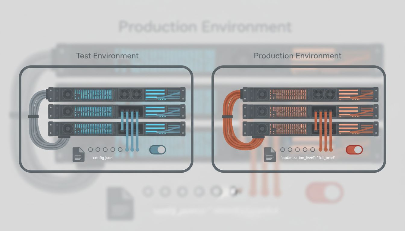 Diagram comparing a test environment and production environment, highlighting subtle configuration differences