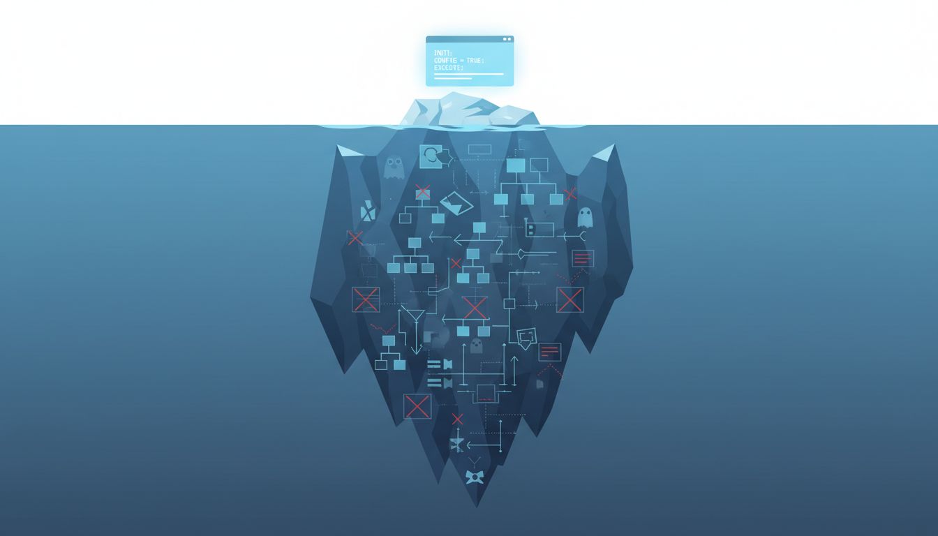Iceberg diagram showing the small visible portion of code above water and the vast decision-making work below the surface