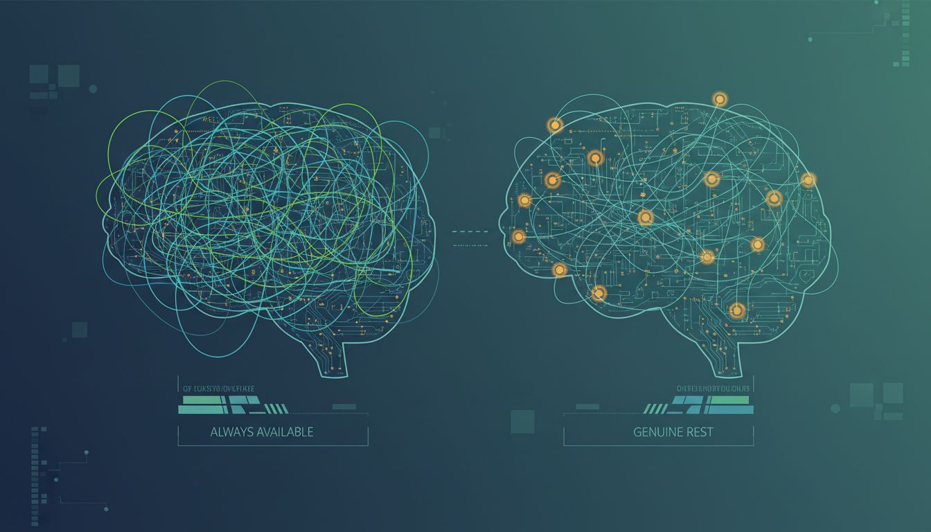 Diagram comparing cognitive load of always-on versus rested states as abstract circuit patterns