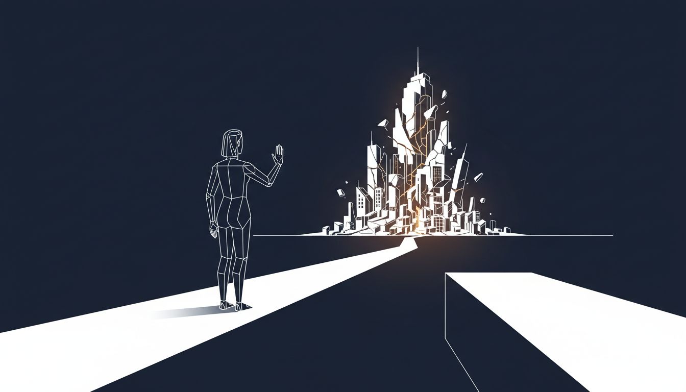 A figure redirects a path away from a costly architectural failure in the distance