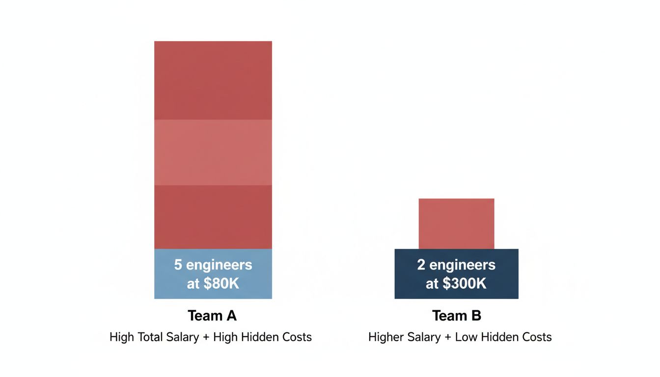 Bar chart comparing total cost of a five-person lower-salary team versus a two-person higher-salary team, showing the lower-salary team has greater total cost when hidden expenses are included