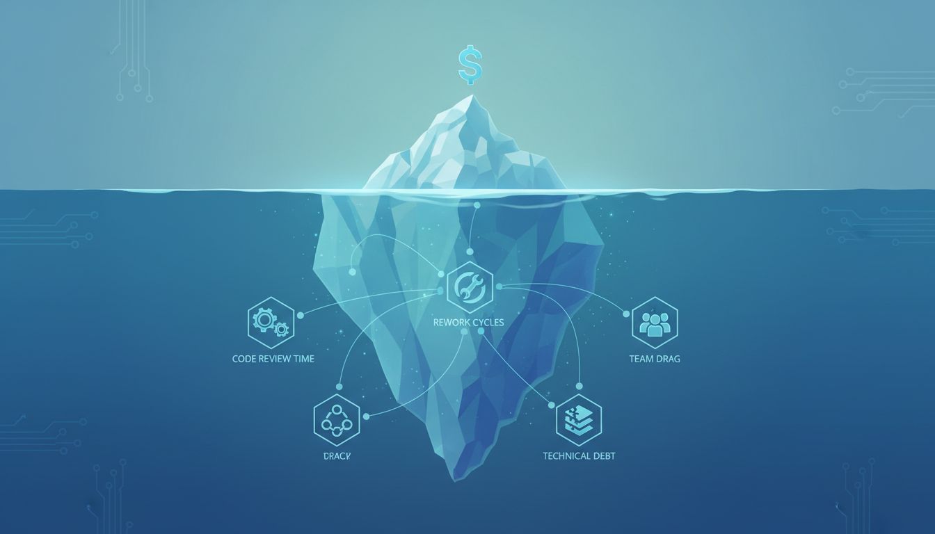 An iceberg illustration where the visible tip represents salary cost and the submerged mass represents hidden engineering costs like rework, team drag, and technical debt