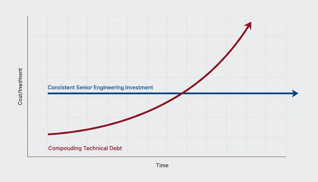 Graph showing compounding technical debt cost eventually exceeding the cost of upfront senior engineering investment
