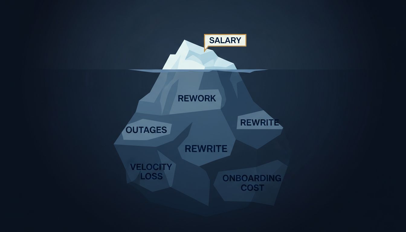 Iceberg diagram showing salary as a small visible portion above water, with hidden costs like rework, rewrites, and lost velocity dominating below the surface