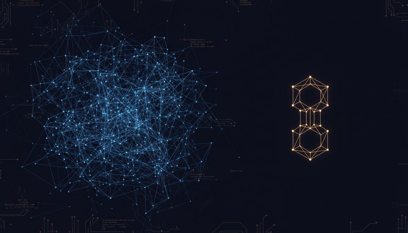 Abstract diagram contrasting sprawling code volume with small but structurally critical contributions