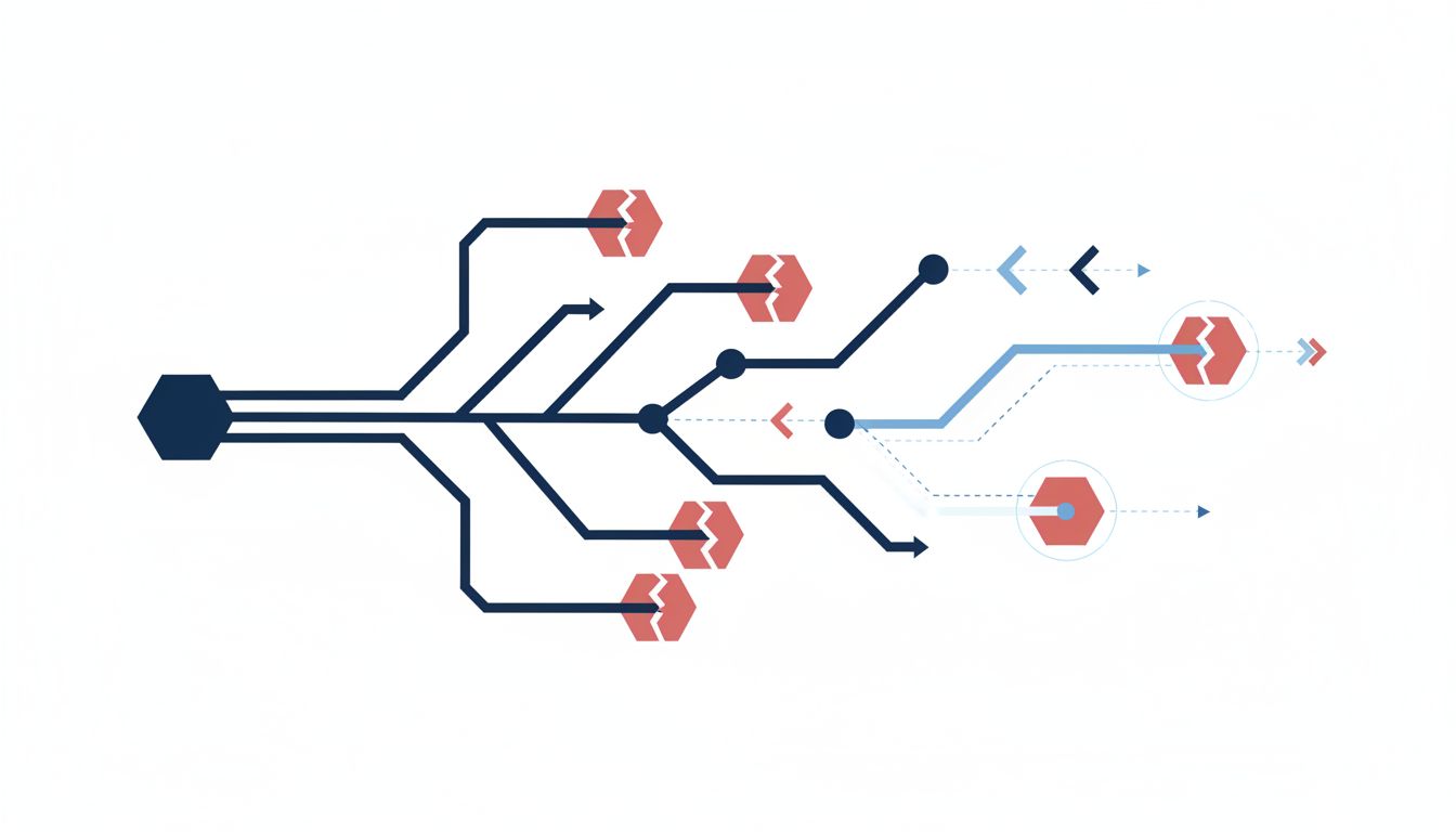Abstract flowchart showing decision branches where some paths lead to failure points and others continue, representing how failure analysis maps decisions over time