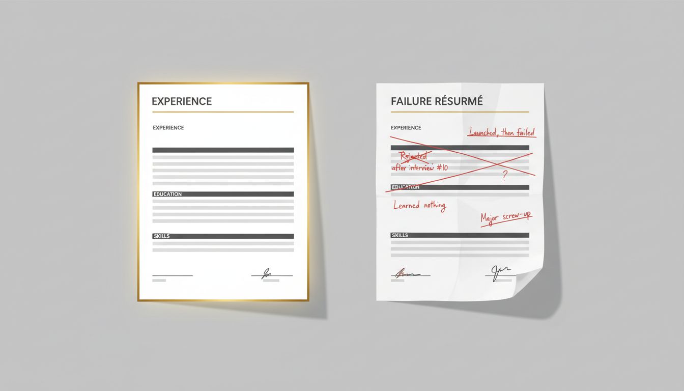 A traditional résumé and a failure résumé shown side by side, illustrating the contrast between curated success and documented setbacks