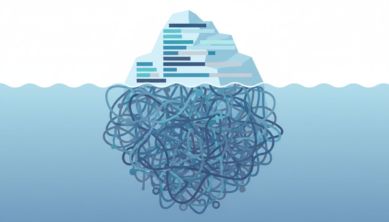 An iceberg illustration where the visible portion is a neat project plan and the submerged mass represents hidden software complexity