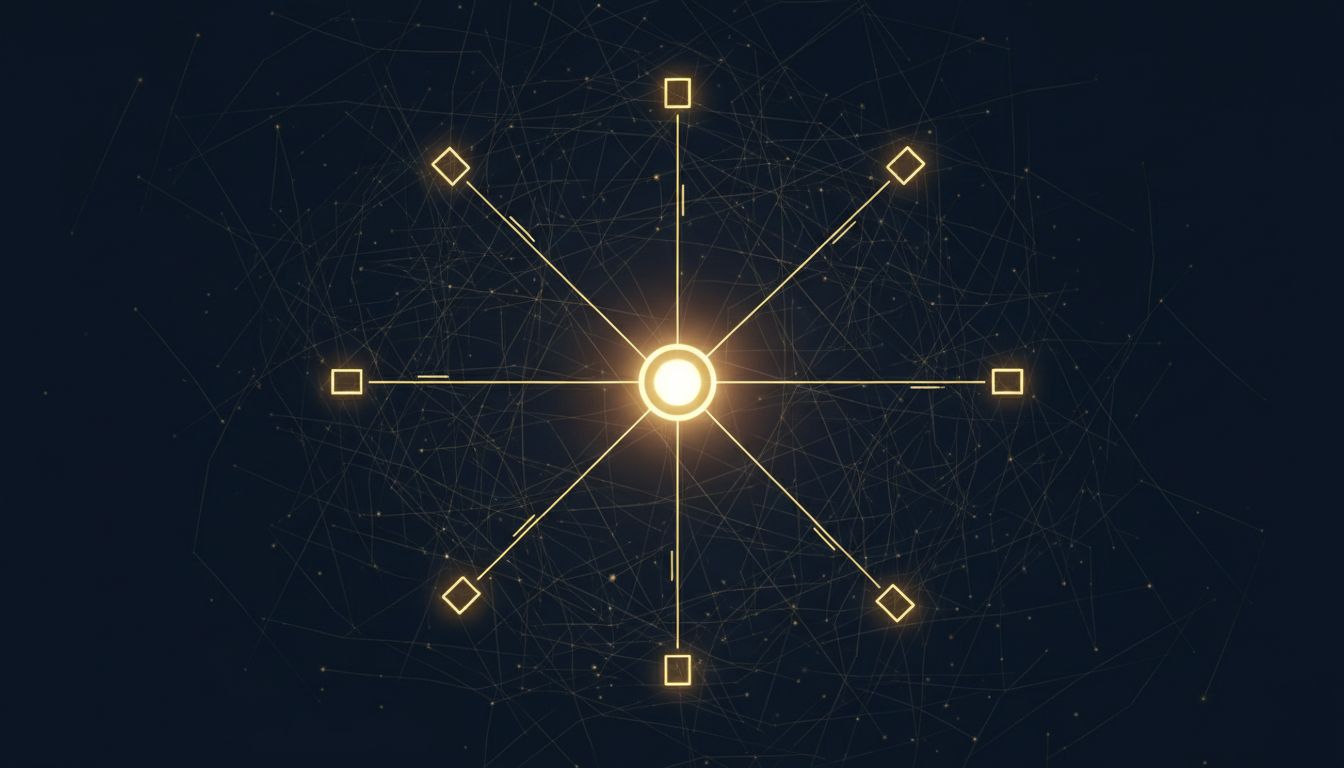 A glowing central index node connected to surrounding document nodes by clean lines, set against a dark background