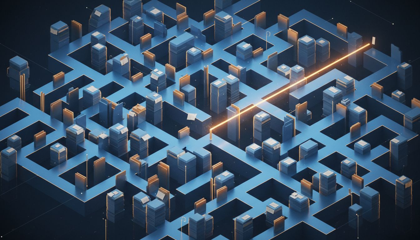 An isometric maze made of layered documents and folders, with one glowing path traced through it