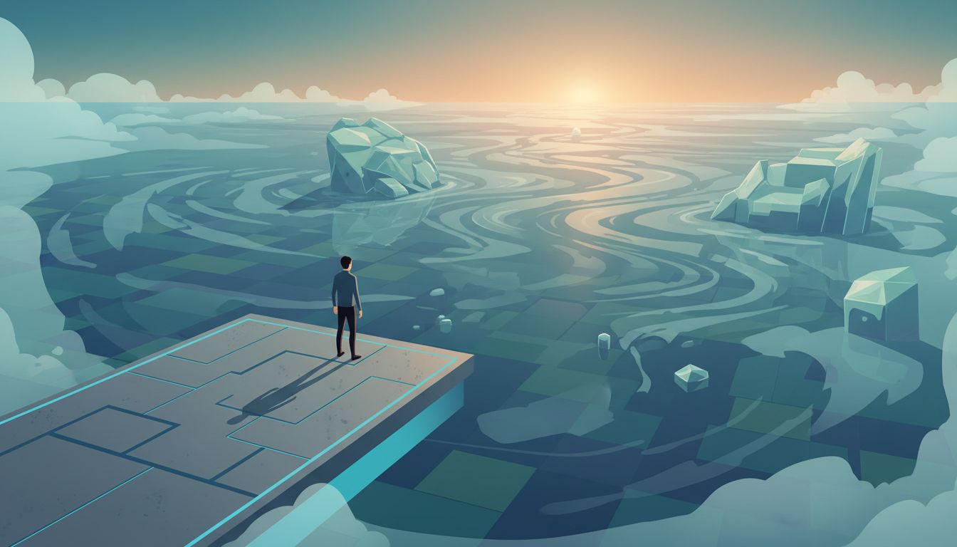 Abstract illustration of a founder standing at the edge of an emerging, unformed market landscape