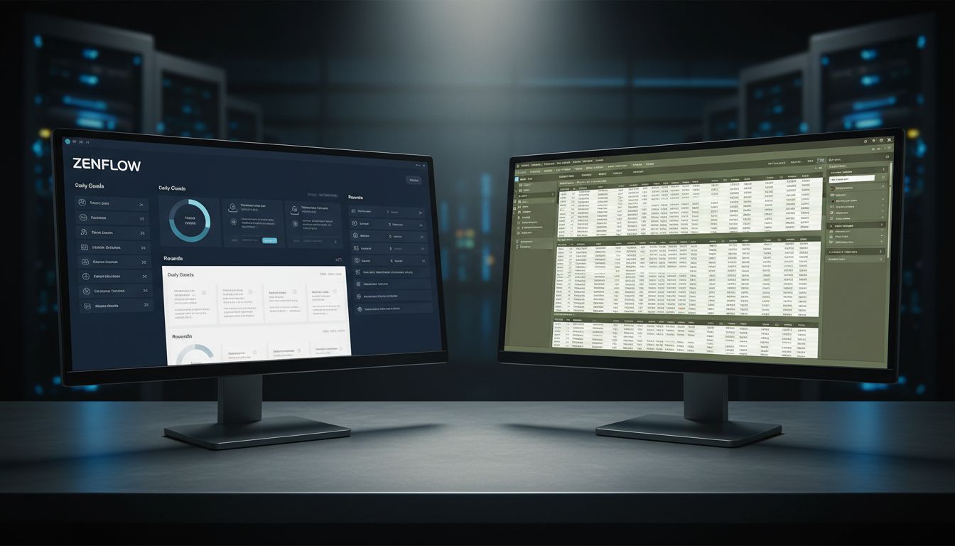 Side-by-side comparison of clean consumer app design versus cluttered enterprise ERP software interface