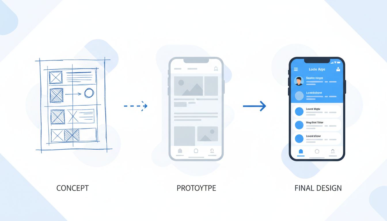 Illustration showing the evolution of a rough app prototype into a polished final product through iterative stages