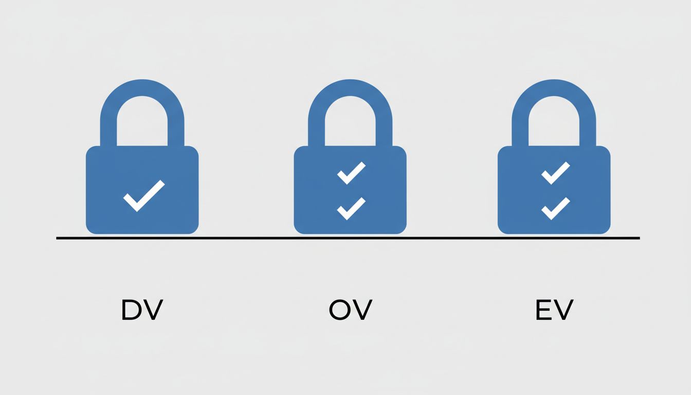 Diagram showing DV, OV, and EV certificates all displaying as identical padlock icons despite different levels of verification