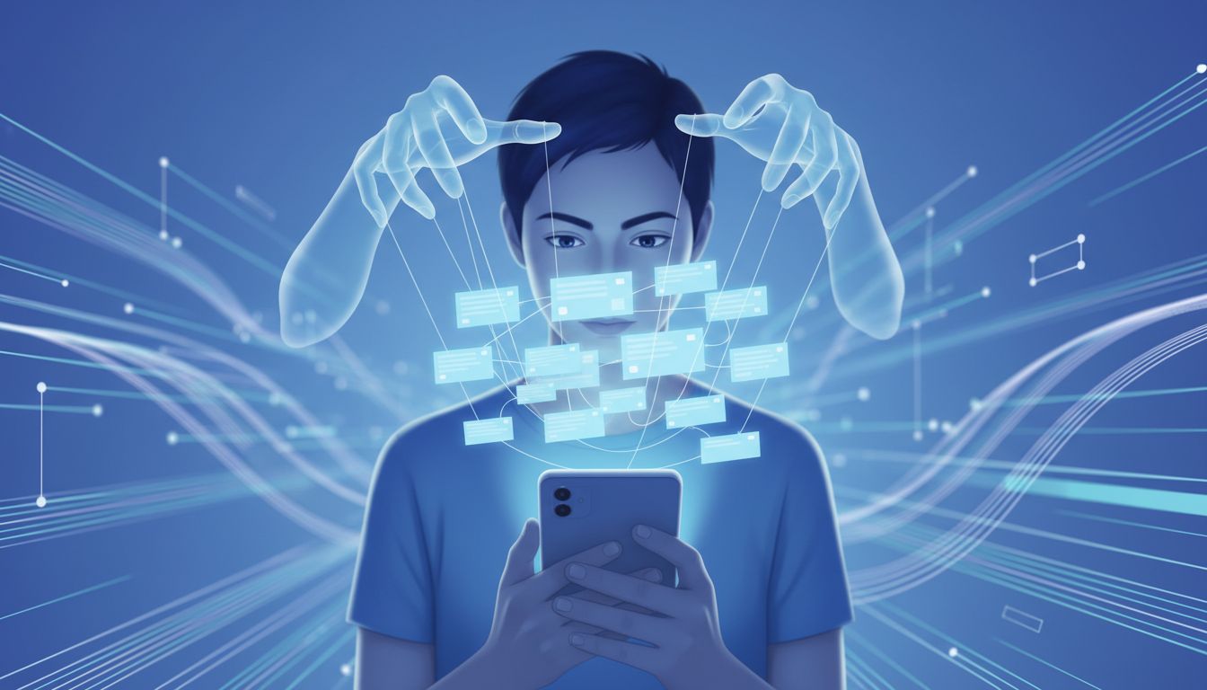 Conceptual illustration of algorithms controlling social media content like puppet masters