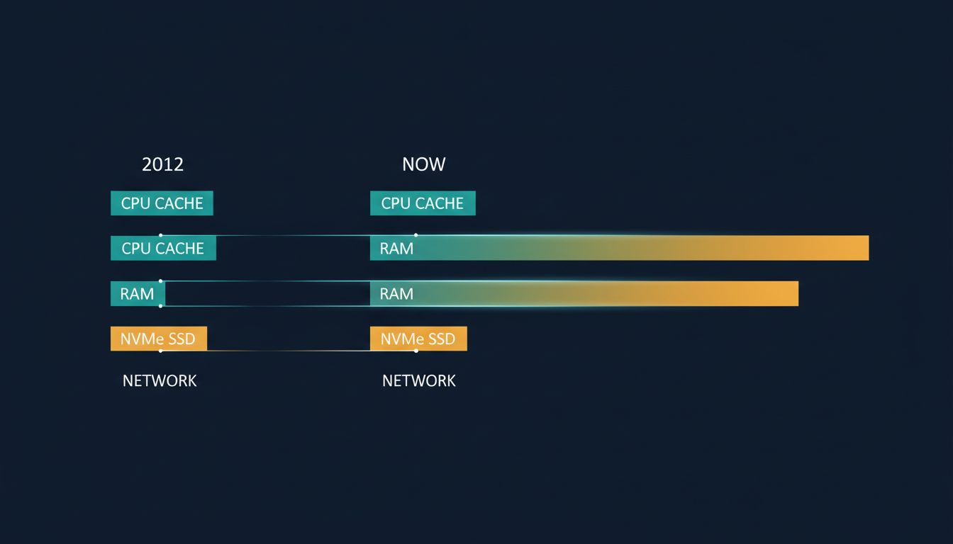 Side-by-side diagram comparing 2012 versus current latency ratios across hardware storage layers
