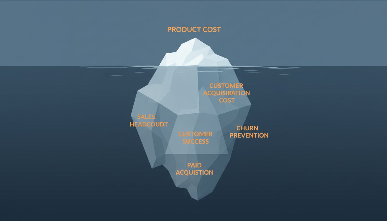 Iceberg diagram showing the small visible cost of building software versus the large hidden costs of selling and retaining customers