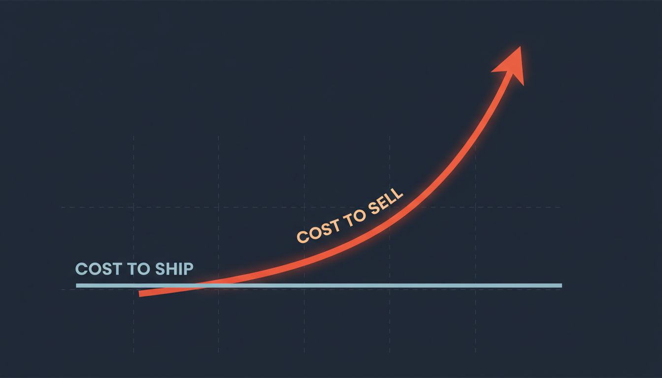 Abstract illustration of two diverging cost curves: flat production costs versus rising sales and marketing costs