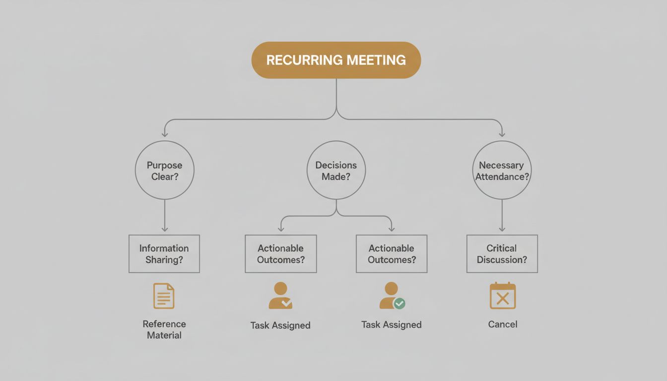A decision tree diagram showing three questions to evaluate whether a recurring meeting should exist