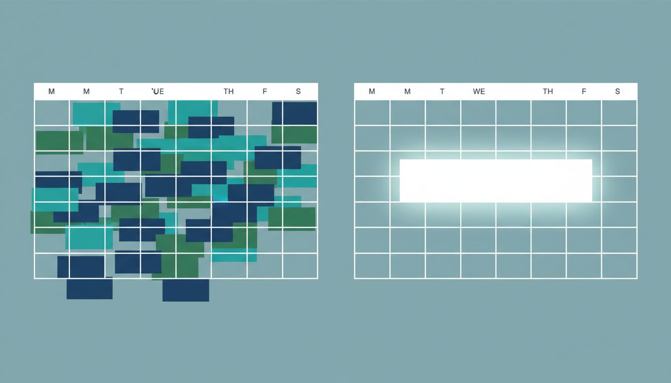 Two calendar grids contrasting a fragmented meeting-heavy week with one that has a protected open block in the middle