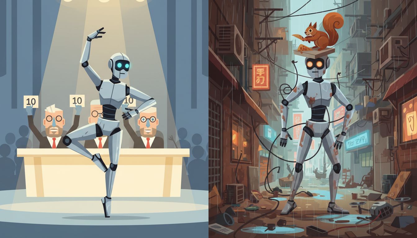 Illustration contrasting a model's controlled benchmark performance with messy real-world production conditions