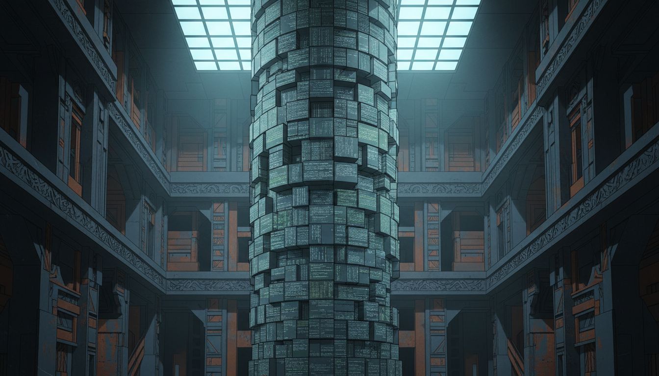 A structural column made of stacked mundane code, supporting a complex ornate architecture above it