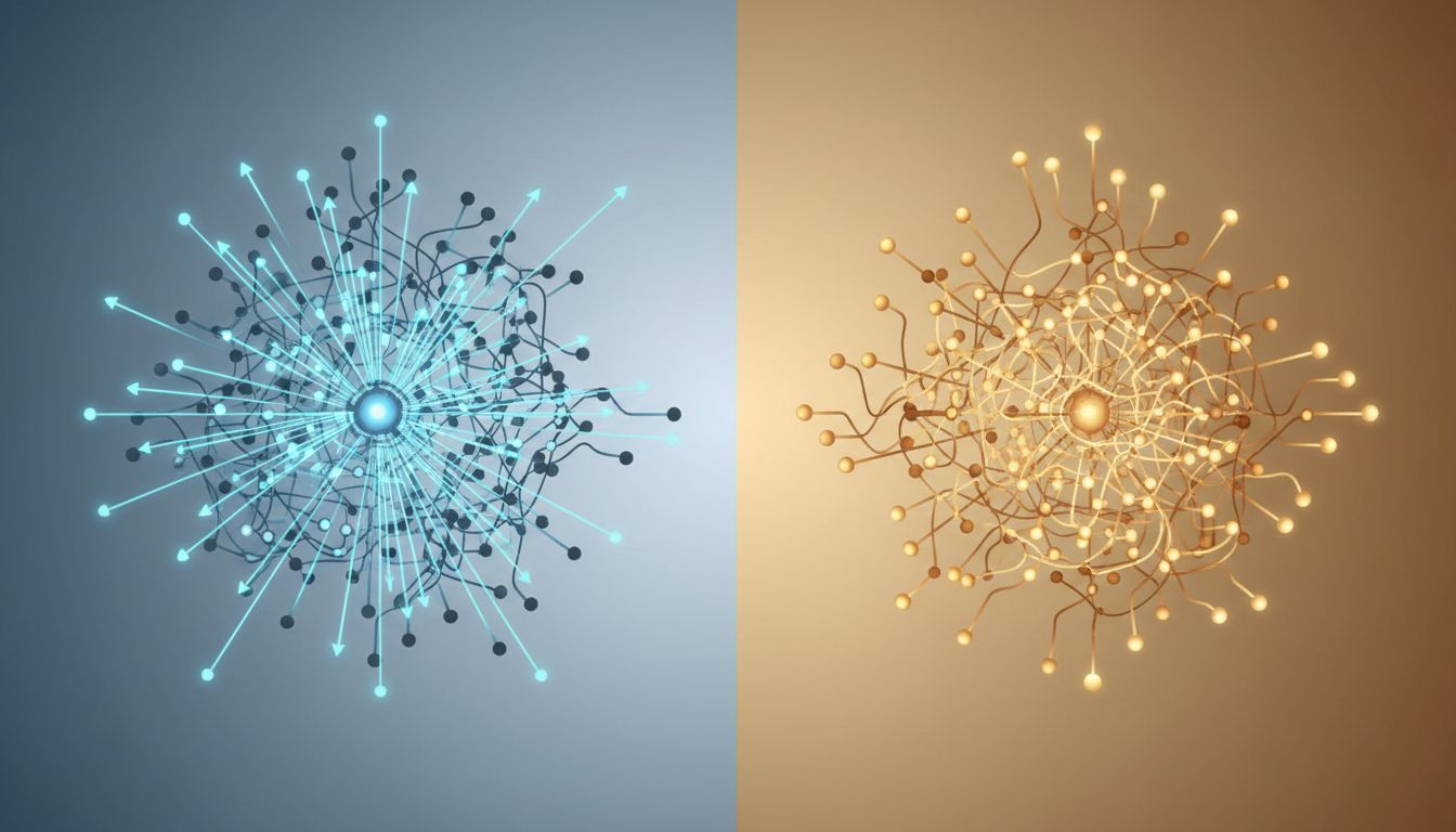 Abstract illustration contrasting focused cognitive processing with diffuse default mode network activity