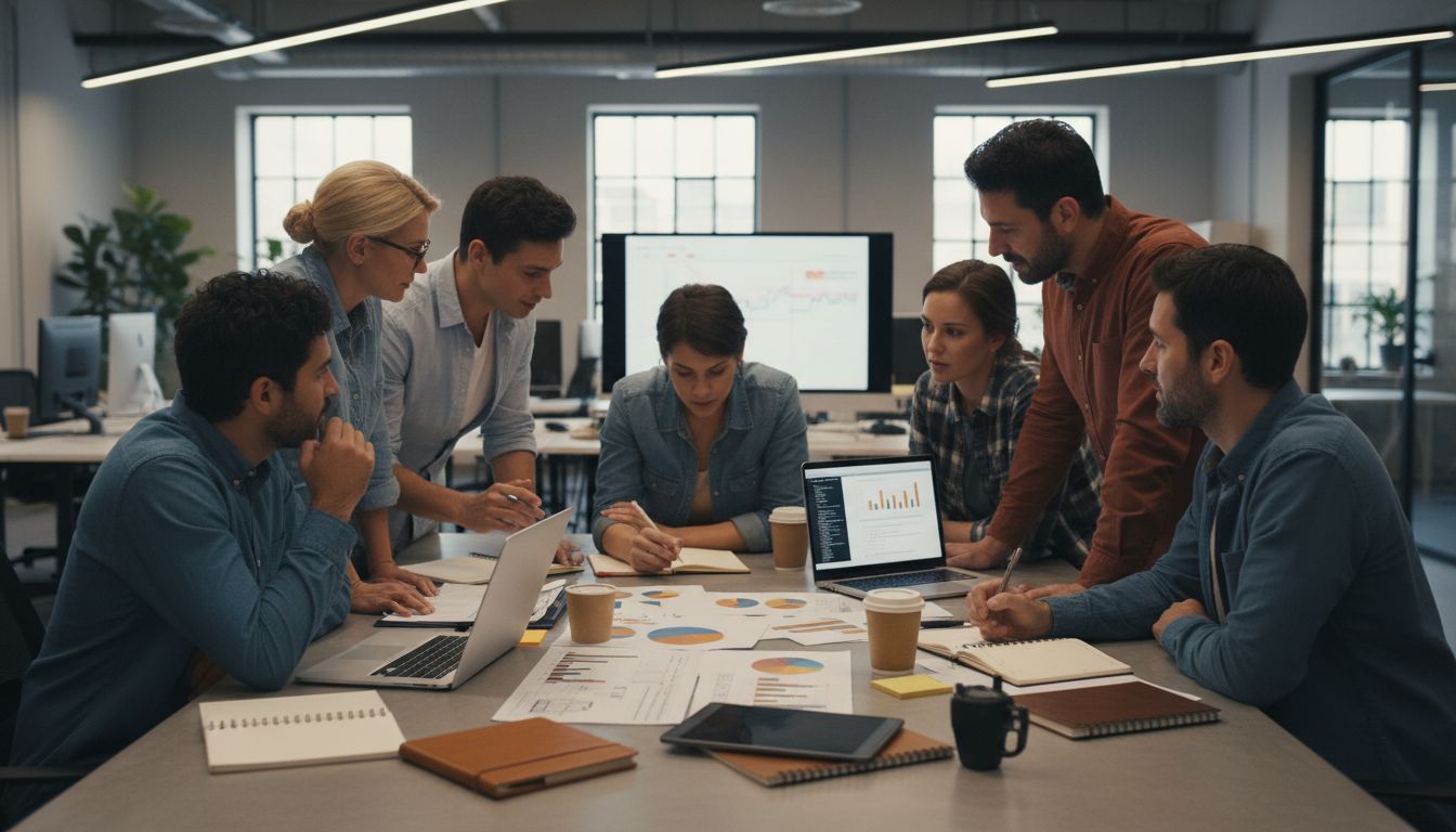 Cross-disciplinary team collaborating in a modern office, showing different working styles and professional backgrounds