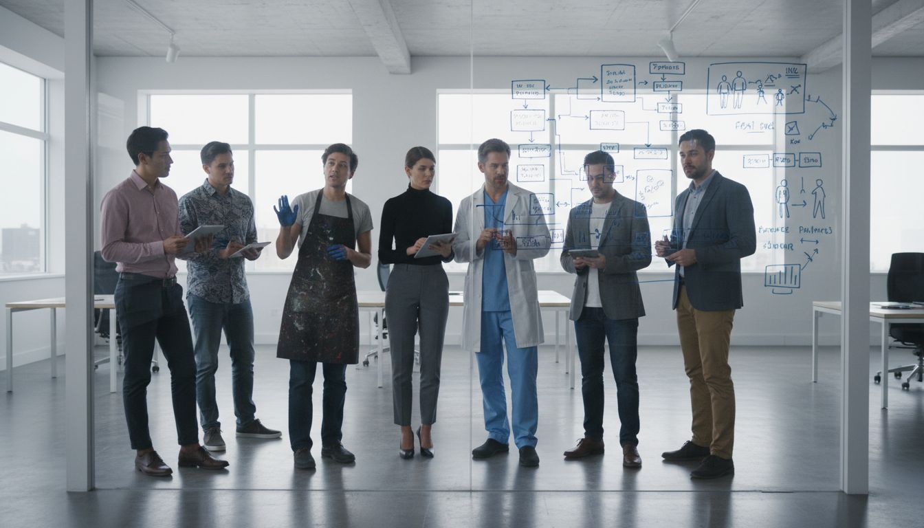 A diverse team of professionals from different backgrounds collaborating around a whiteboard in a tech office