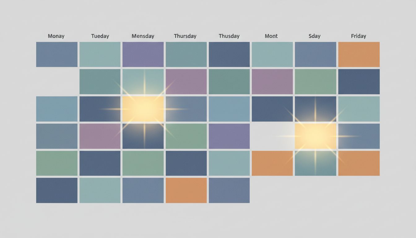 A weekly calendar grid where deliberately empty time blocks glow with subtle light, visually distinguishing them as intentional and valuable