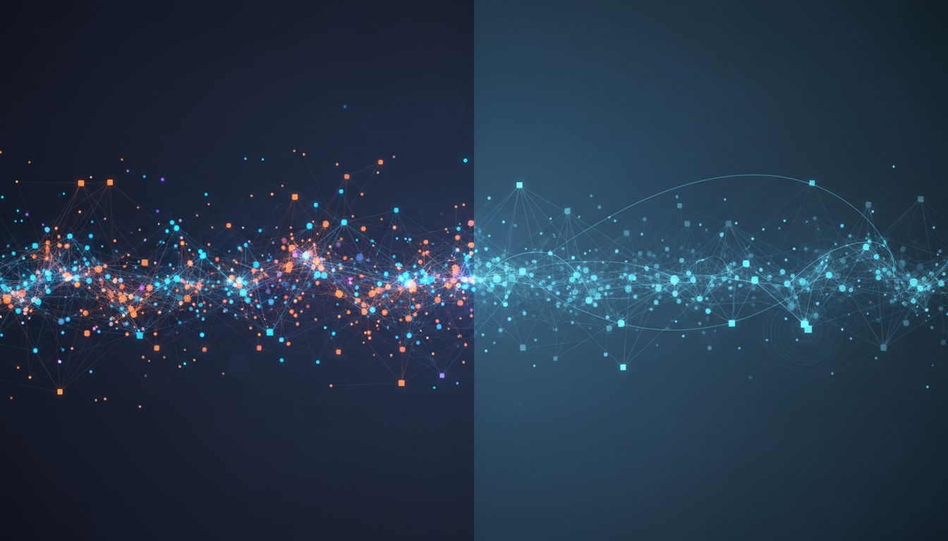 Abstract illustration contrasting active cognitive overload with calm background integration processes forming deep connections