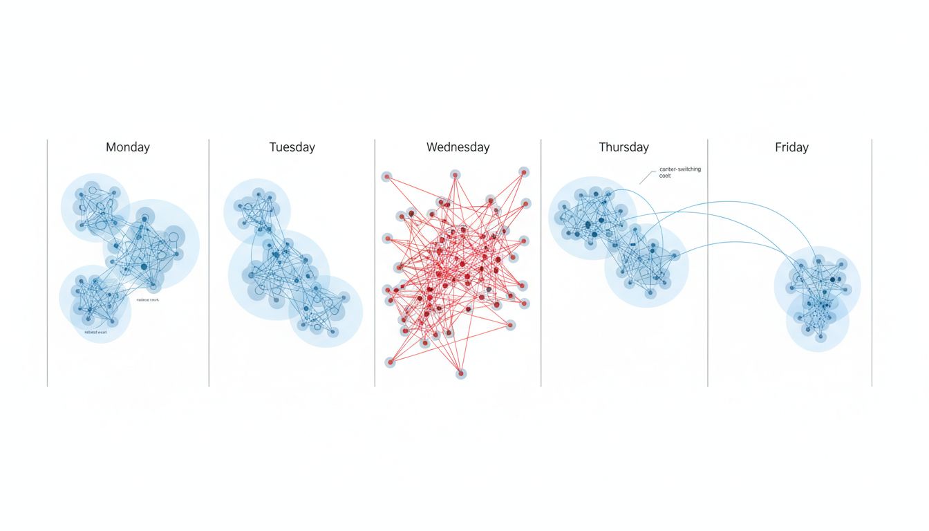 An abstract dependency graph showing how a fragmented work week creates high context-switching costs compared to a clustered schedule